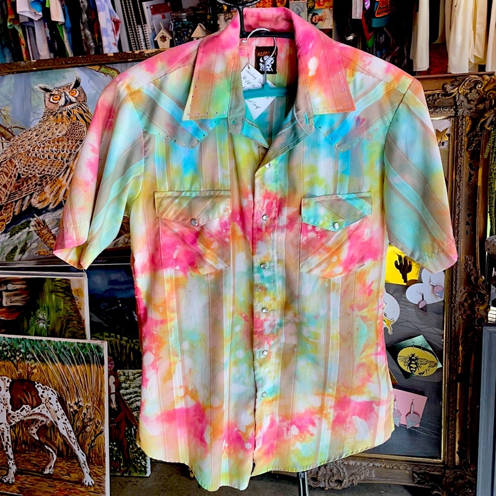 Upcycled Vintage Karman Western Pearl Snap Tie Dye Shirt Rhinestone Unisex M